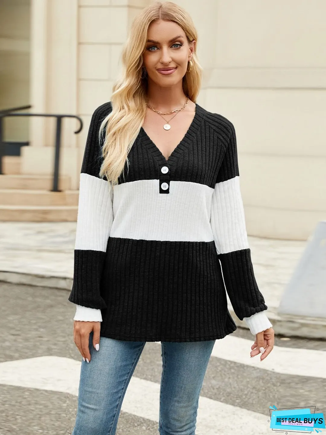 Color Block V-Neck Long Sleeve T-Shirt