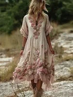 Vintage Pink Roses Fiber Art Ruffle Hem Flowy Linen Maxi Dress