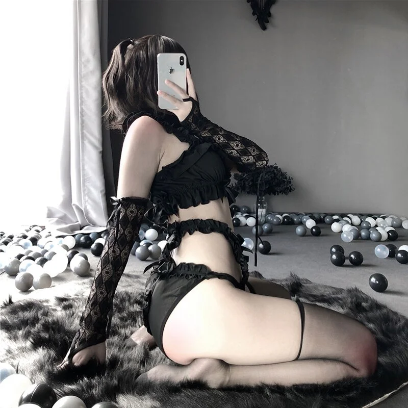 Billionm Sexy Lace Chiffon Heart Hollow out Cosplay Costumes Cute Outfit Erotic Lingerie Porno Black Bra Set Maid Easy For Doggy 2020 New