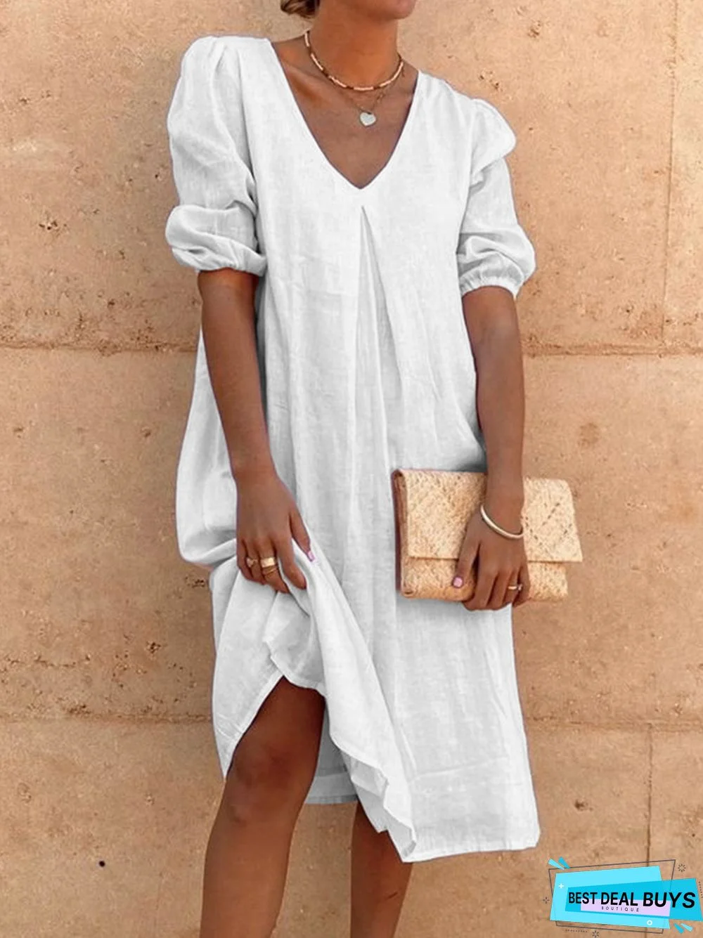 3/4 Sleeve Plain Casual Cotton Midi Dress