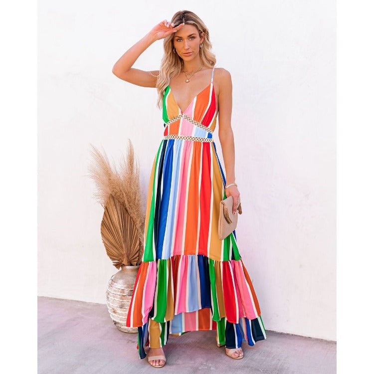 Rainbow Striped Printed Lace Stitching Deep V Lace-up Long Dress