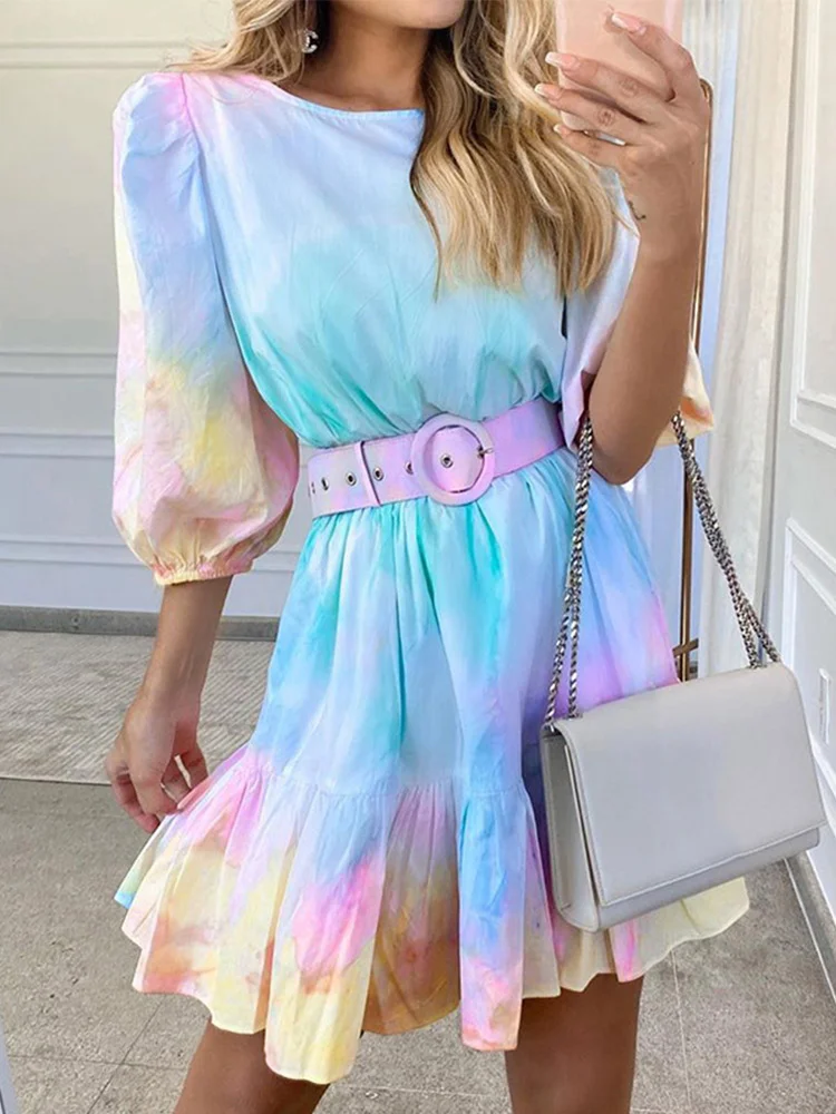 Women's Elegant Tie Dye Print Ruffle O-Neck A Line Mini Dress