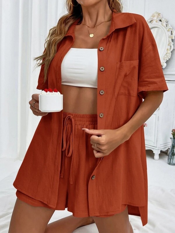 Pinsballz fall outfits women Solid Color Shorts Two-piece Set 2025 Summer Casual Women's Fashion Casual Loose Shorts Single Breasted Shirt Set