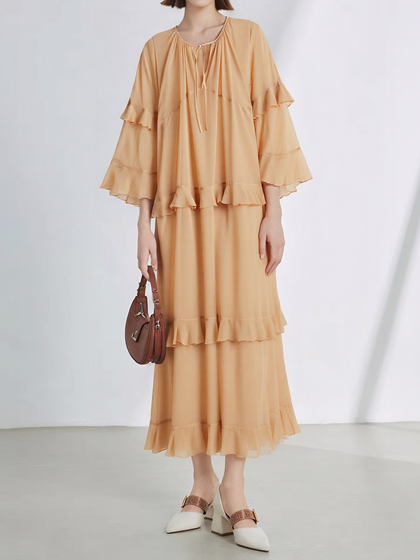 Long Trumpet Sleeves Front Ties Flounced Chiffon Maxi Dress
