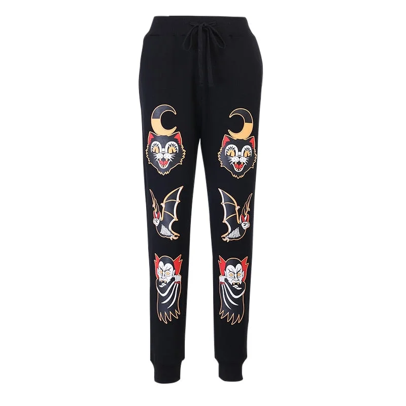 InsGoth Streetwear High Waist Black Pants Harajuku Gothic Moon Print Bandage Sweatpants Women Punk Grunge Sport Harem Pants