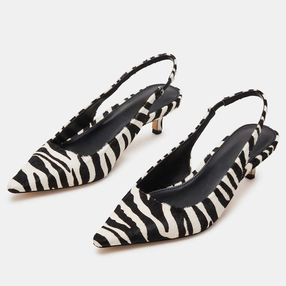 Black & White Zebra Print Pointed Toe Kitten Heel Slingback Pumps Nicepairs