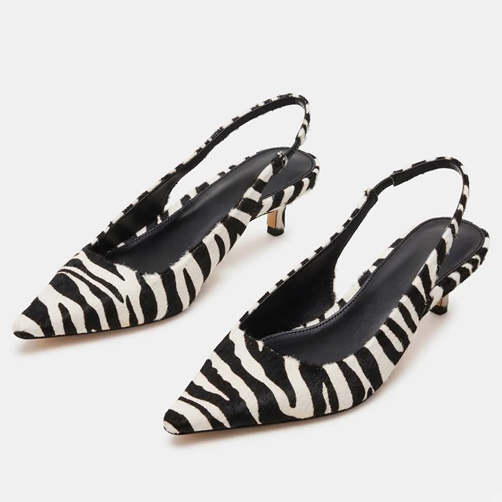 Black & White Zebra Print Pointed Toe Kitten Heels Slingback Pumps Nicepairs