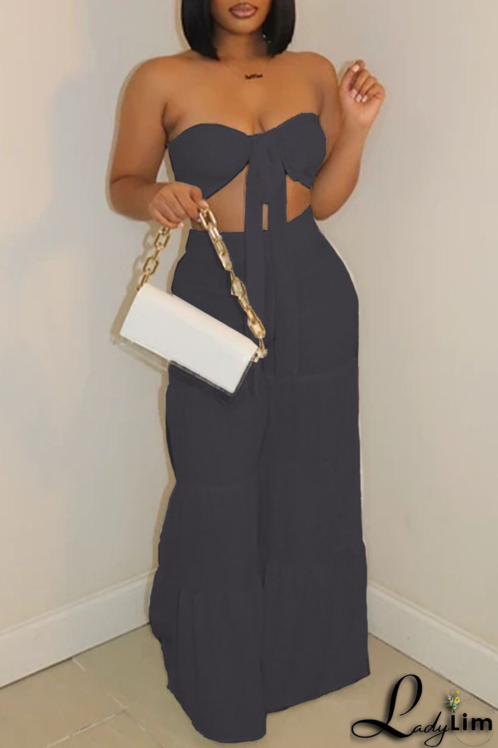 Black Sexy Solid Bandage Split Joint Fold With Bow Strapless Sleeveless Two Pieces