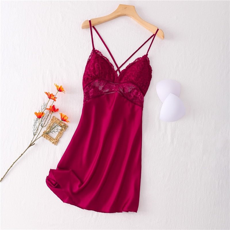 Sexy Nightdress Lace Nightgown Women's Lingerie Backless Lace V-neck Nightwear Imitate Ice Silk Night Dress Homewear for Female
