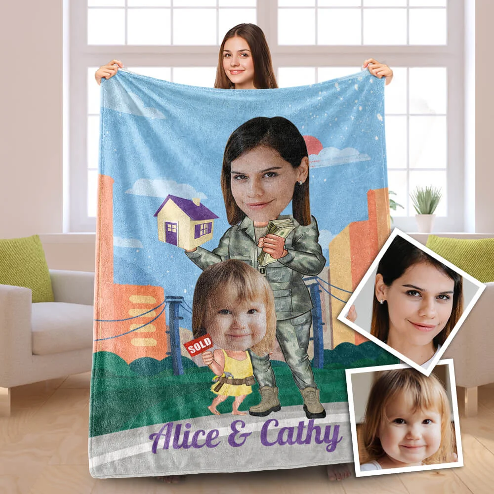 Mother's Day Gift,Custom Photo Blankets Personalized Photo Blanket Fleece Army Mom With Girl Painting Style Blanket For Mother's Day