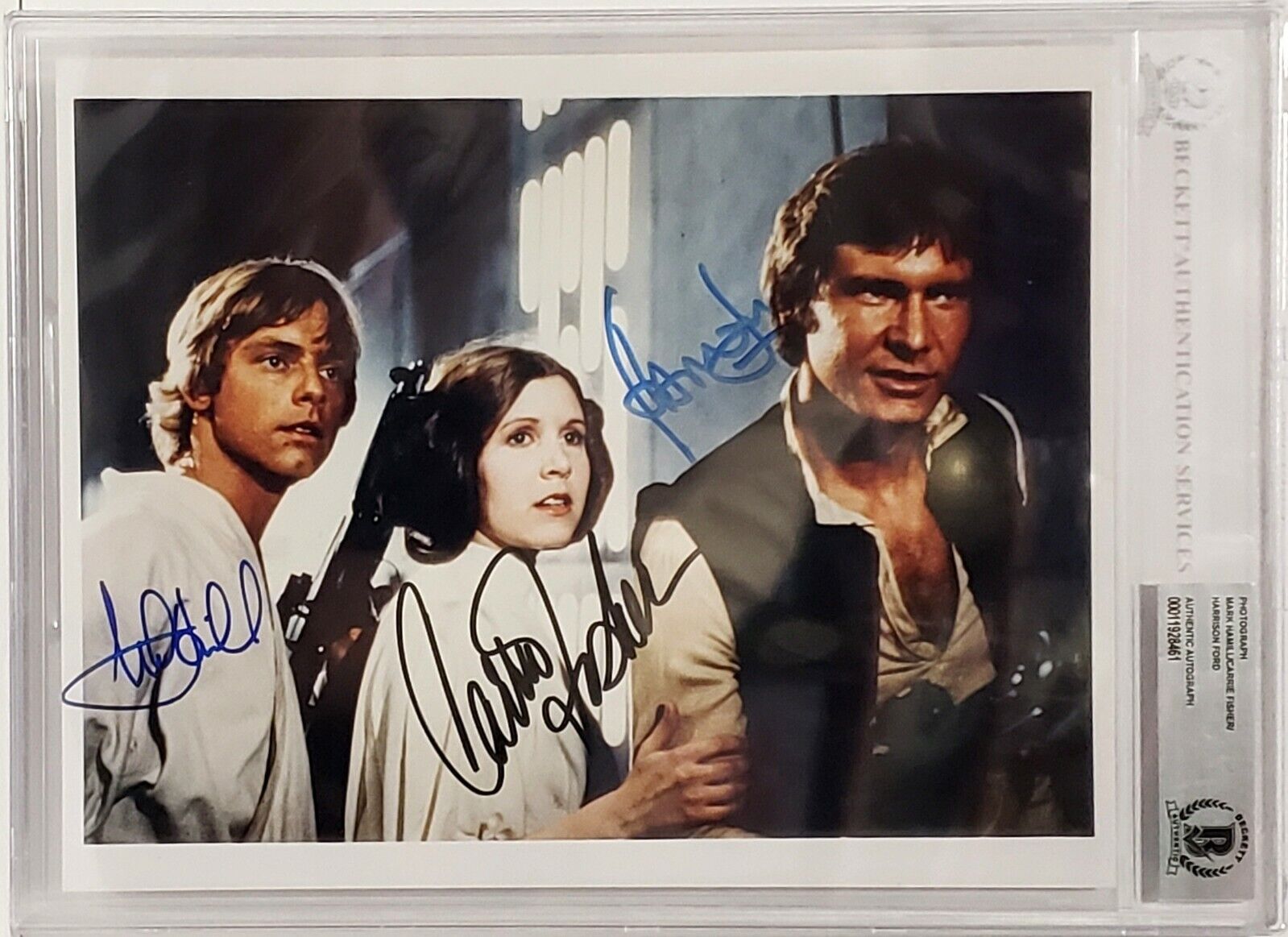 1977 Star Wars Cast HAMILL, FORD & FISHER Signed 8x10 Photo Poster painting Beckett BAS Slabbed