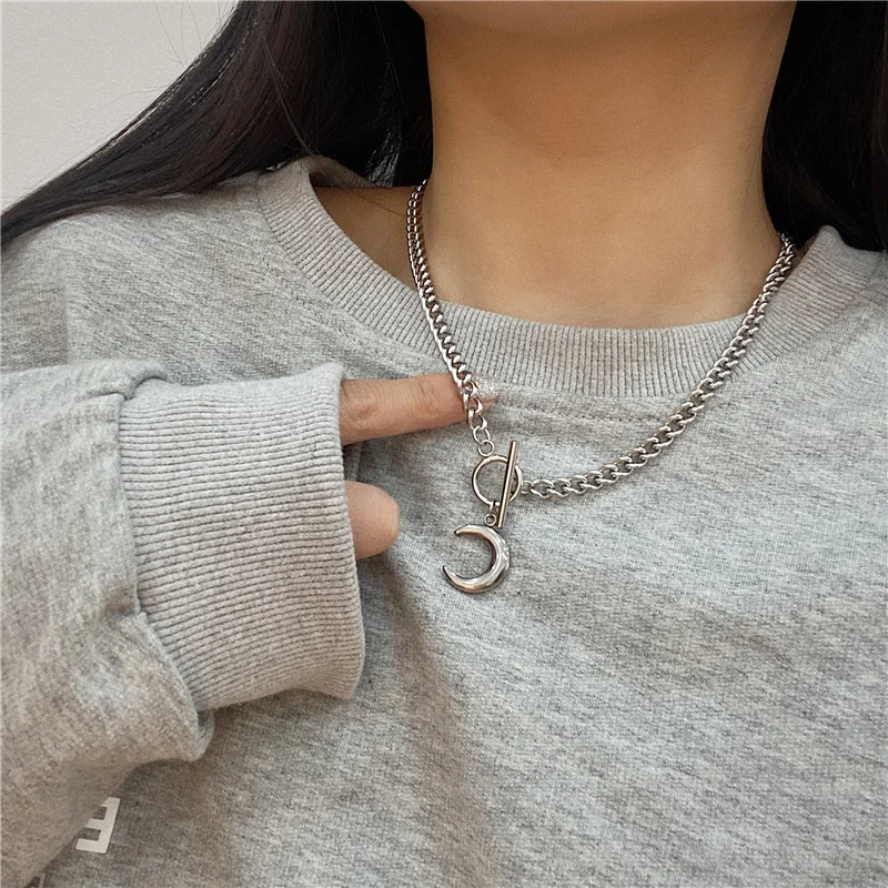 Smooth Titanium Steel Meniscus Pendant Necklace Ring OT Buckle Sweater Chain Techwear Shop
