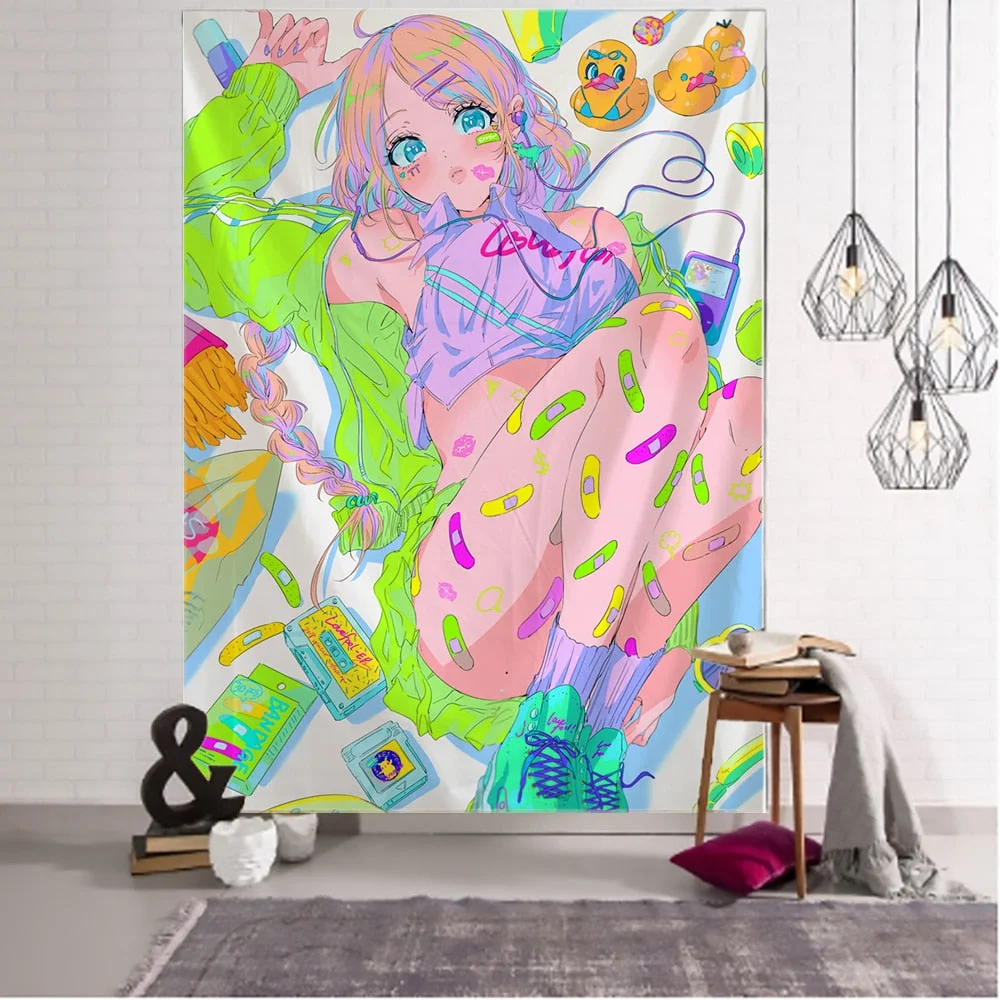 Kawaii Anime Girl Tapestry Wall Hanging Pink Cute Boho Style Psychedelic Hippie Background Home Decor