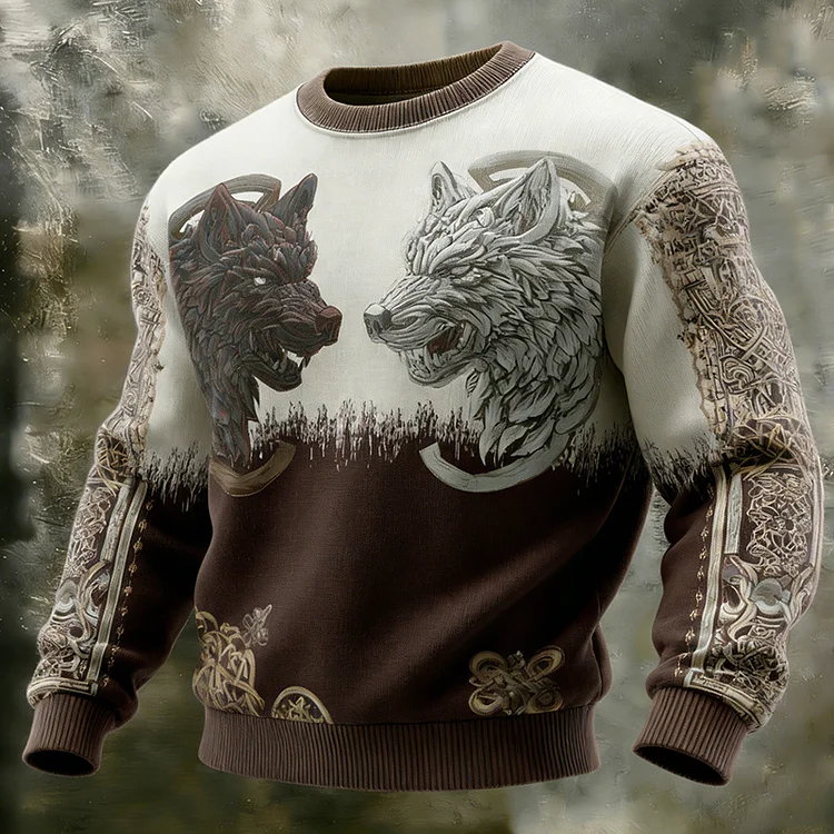 Men's Retro Celtic Knot And Wolf Print Color Block Crew Neck Sweater