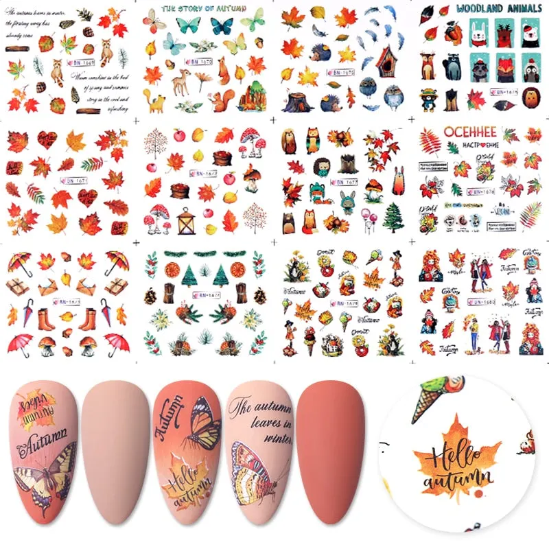 12 Designs Nail Stickers Set Snowflake Floral Geometric Nail Art Water Transfer Decals Sliders Flower Leaf Manicures Decoration