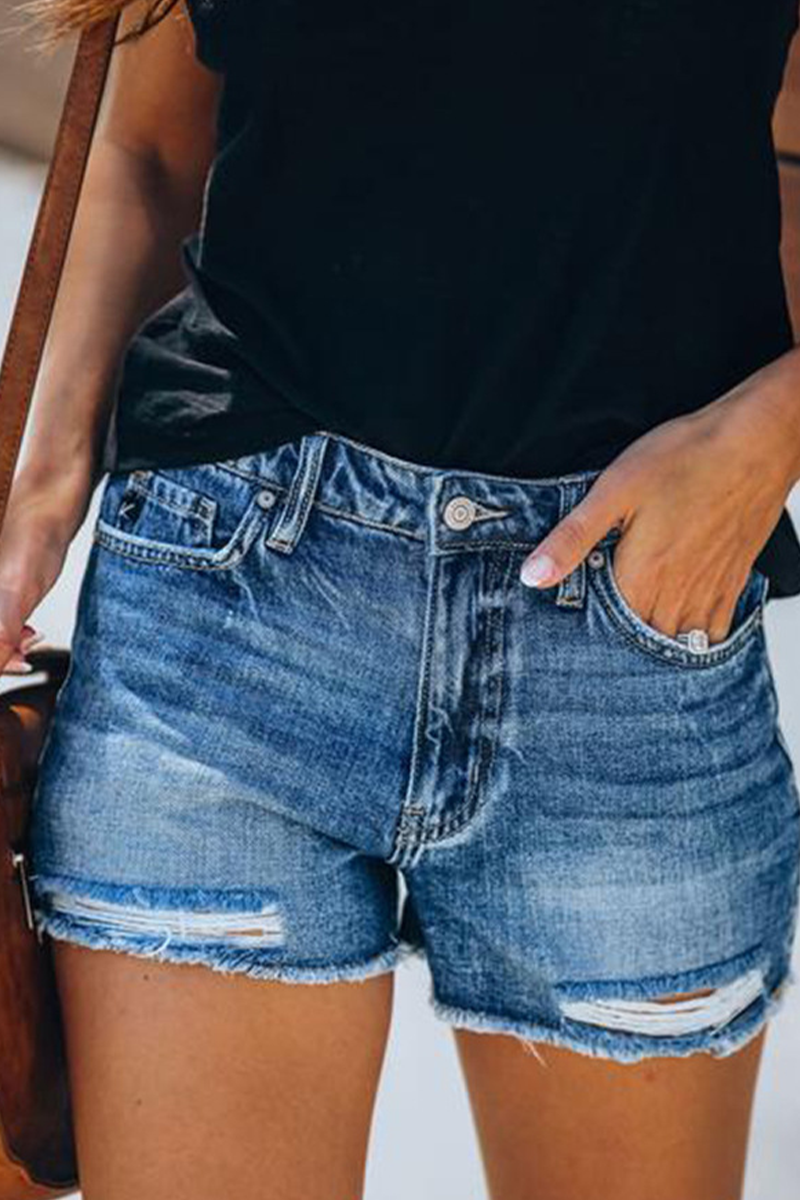 Casual Solid Ripped Mid Waist Skinny Denim Shorts