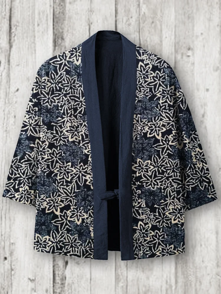 Japanese Maple Leaves Pattern Linen Blend Kimono Cardigan
