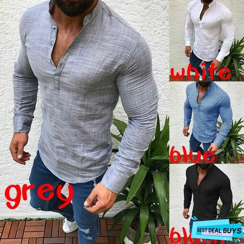 Men's Fashion Lapel Long Sleeve Solid Color Casual T-Shirts Linen