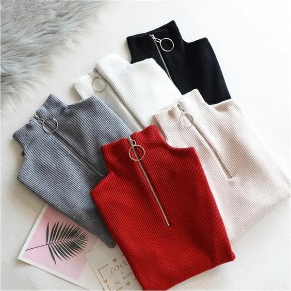 Zipper O Ring Turtleneck Solid Knitted Sweater SP13254