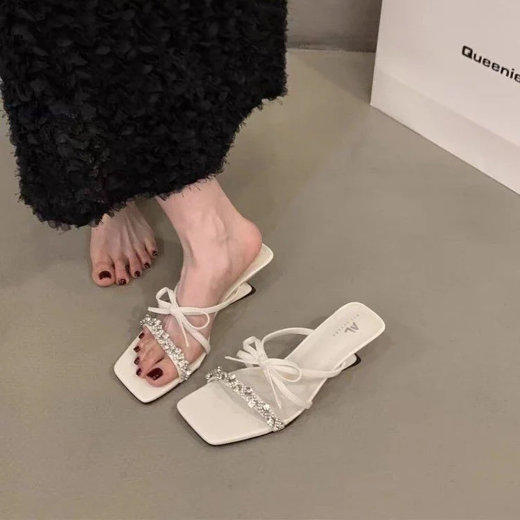 Wongn Wongn Summer New Fashion Rhinestone Bow One Word High Heel Cool Drag Slippers Women's Shoes