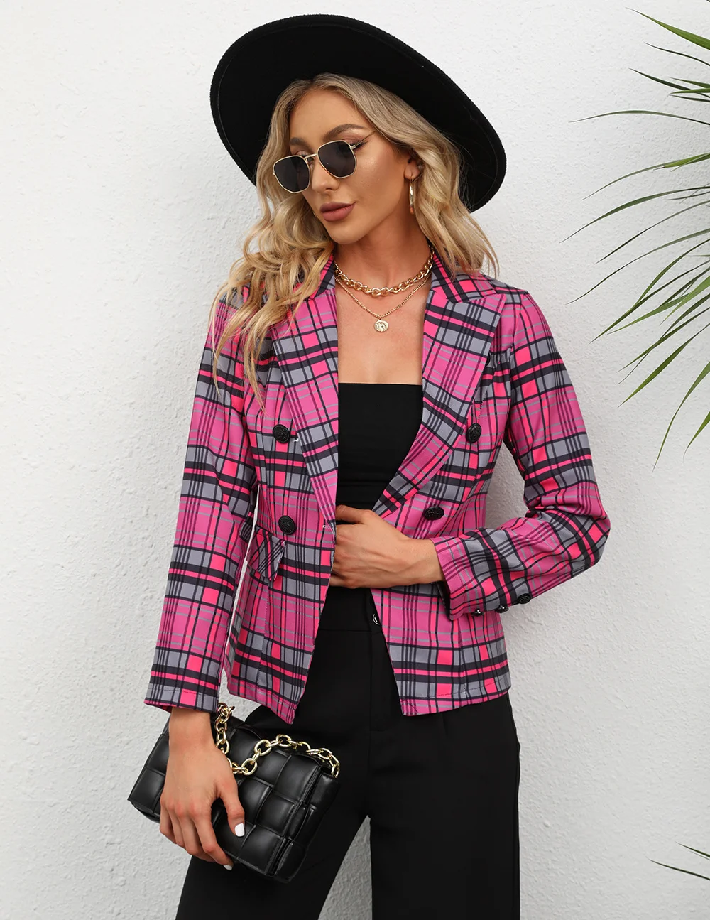 Ueong Women's Wear Station Autumn And Winter Plaid Button Collar Long Sleeve Coat