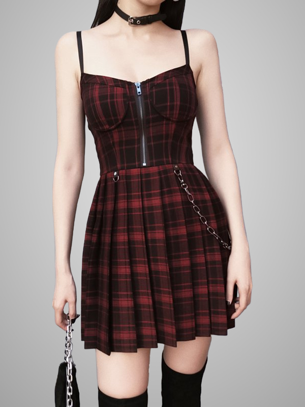 Checkered Chains V-neck Spaghetti Plaid Mini Cami Dress