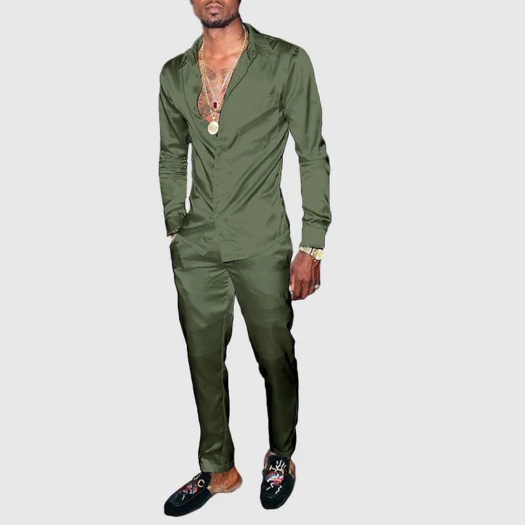 BrosWear Fashion Green Wedding Long Sleeve Shirt and Pants Two Piece Set