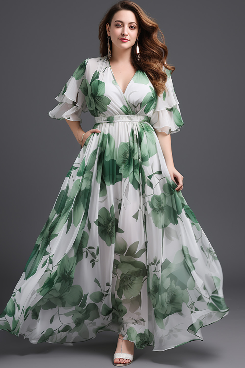 Flycurvy Plus Size Wedding Guest Green Chiffon Floral Print Wrap Flutter Sleeve Maxi Dress 2024 - Flycurvy 