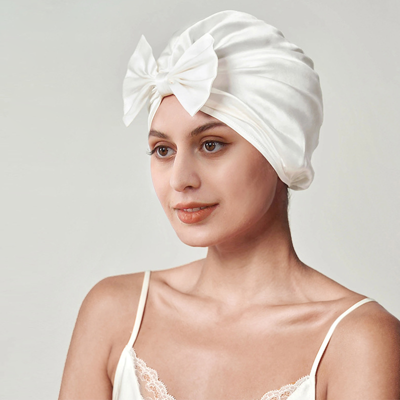 REAL SILK LIFE 19 Momme Bow Decorated Silk Sleep Cap REAL SILK LIFE