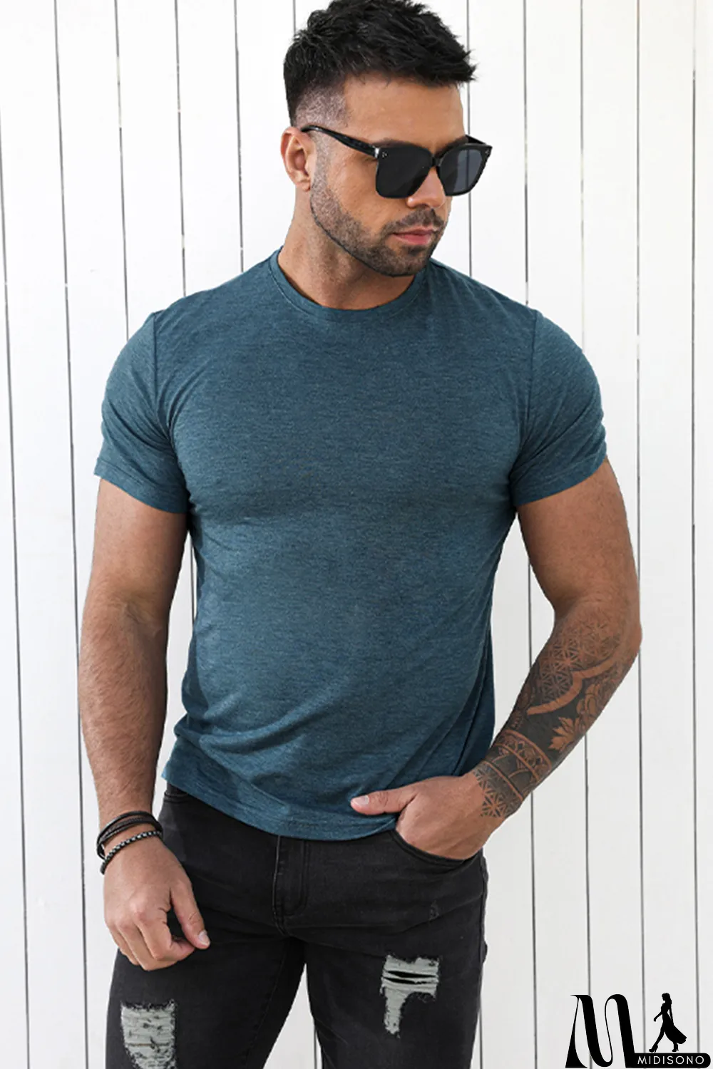 MidiSono - Blue Solid Basic Crewneck Short Sleeve Men's T-shirt