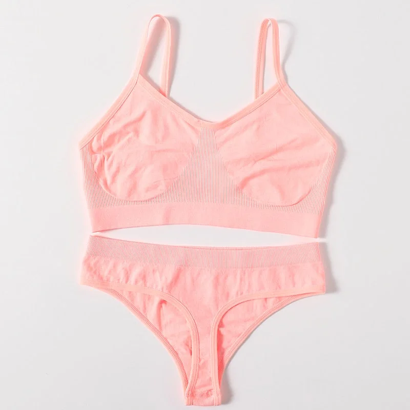2PCS Women Bra Set Seamless Underwear Sexy Female Bralette Top Backless Bra Thong Panties No-Wired Brassiere Home Lingerie Set