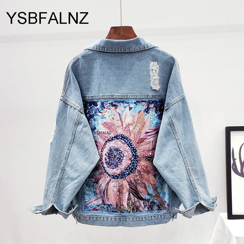 Women Denim Jacket feminine Spring Autumn Boho Sequin Floral Appliques Embroidery Coat Long Sleeve Outerwear Female Veste femme