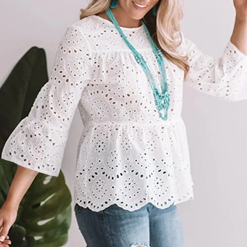 Celmia Yellow Lace Peplum Tops Women Sexy Hollow Out Tunic Shirts 2022 Summer Elegant 3/4 Flare Sleeve Blouses Casual Blusas
