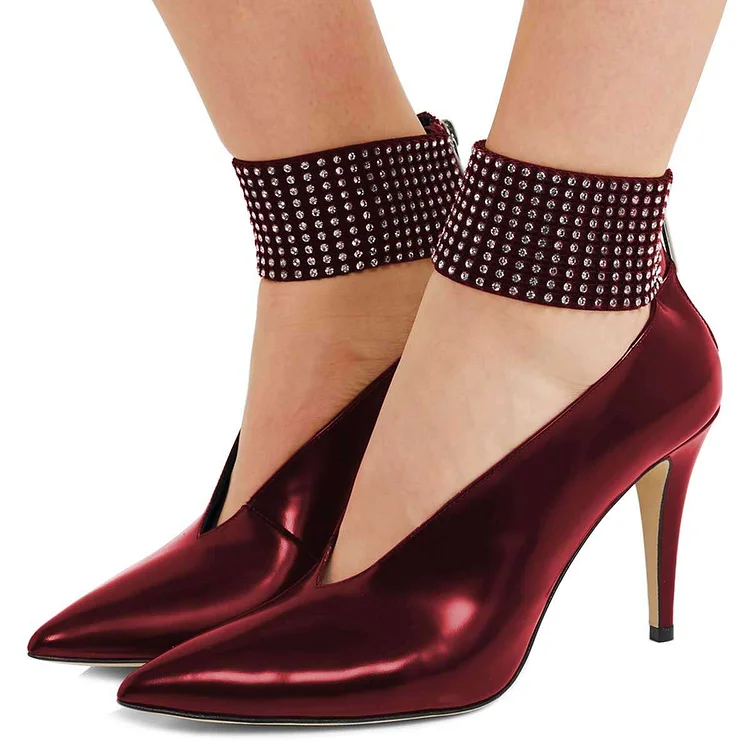 Burgundy Rhinestone Ankle Strap Heels Pointy Toe Pumps