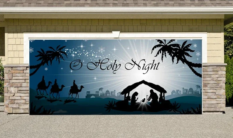 2  Size 7' H x 16' W,7' H x 8' WOutdoor Decoration Nativity Scene Garage Door Christmas O Holy Night Outside House Banner Billboard