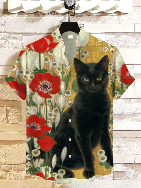 Men's Retro Elegant Mysterious Poppy Black Cat Print Linen Blend Shirt