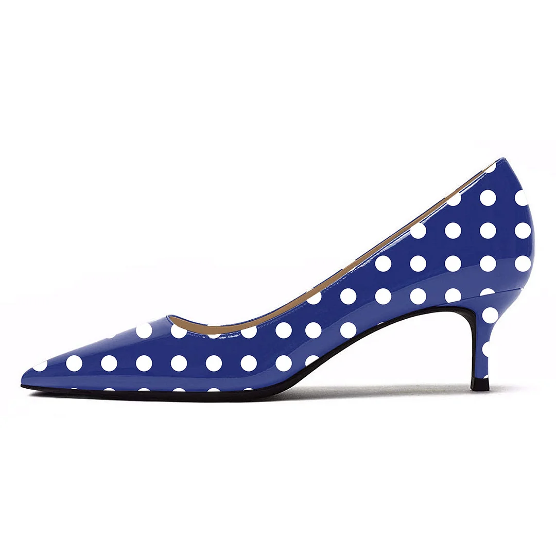 Simple Navy Patent Leather Polka Dot Pointed Toe Low Heel Pumps