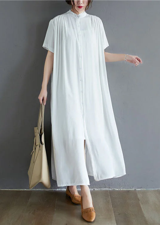 White Draping Cotton Holiday Dress Stand Collar Oversized Summer