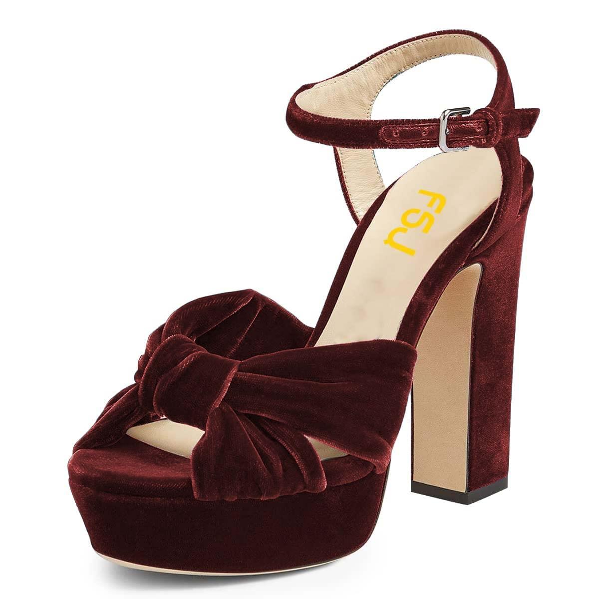 Women's Velvet Peep Toe Ankle Strap Block Heel Sandals with Platform Nicepairs