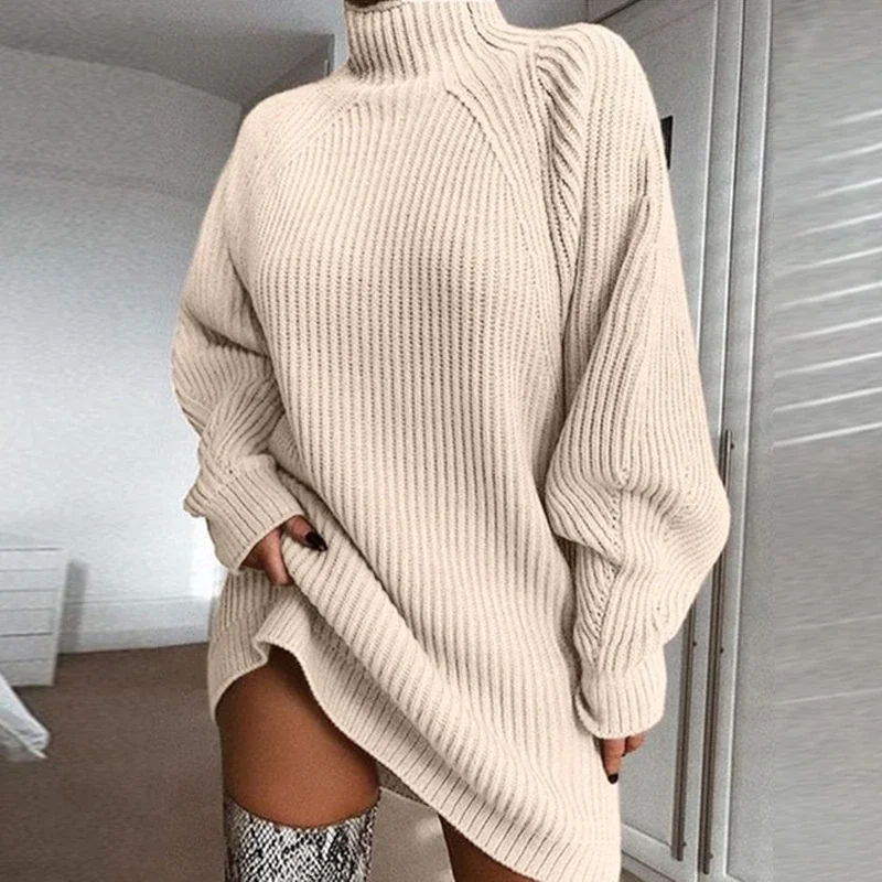 Churchf Women Turtleneck Oversized Knitted Dress Autumn Solid Long Sleeve Casual Elegant Mini Sweater Dress Winter Clothes