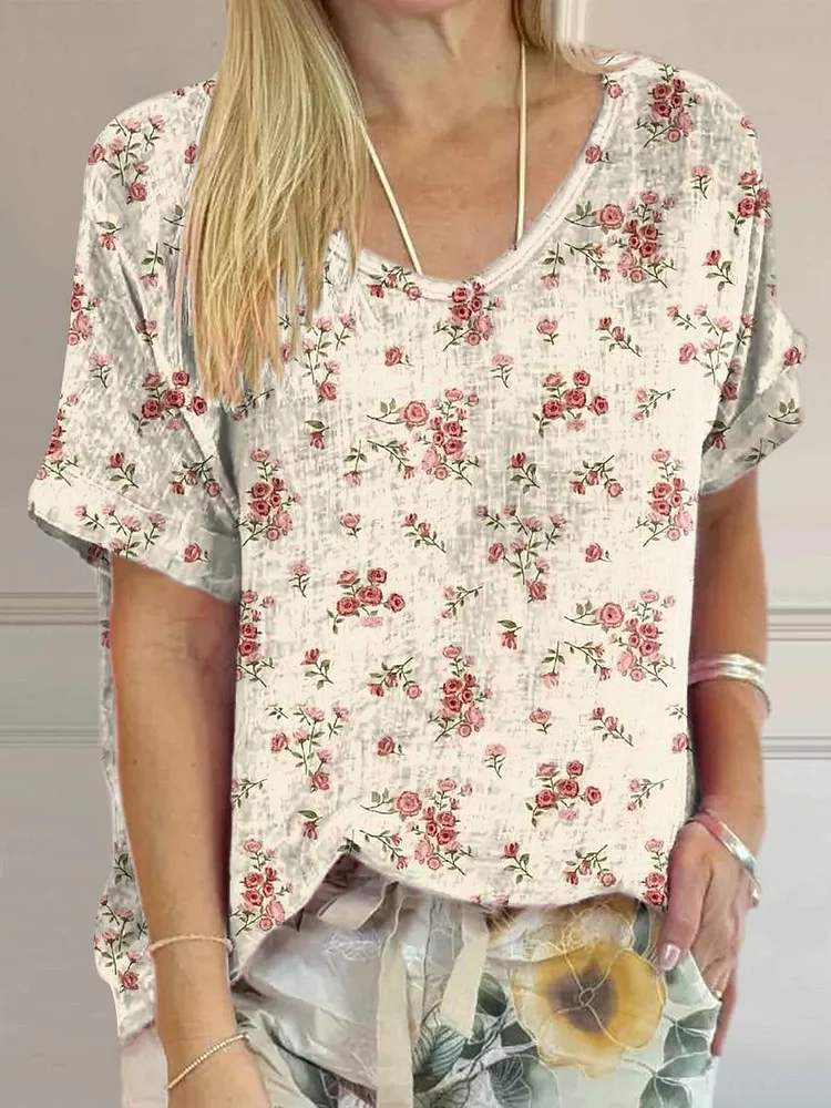Women's Vintage Lovely Floral Art Print Casual Cotton And Linen Shirt