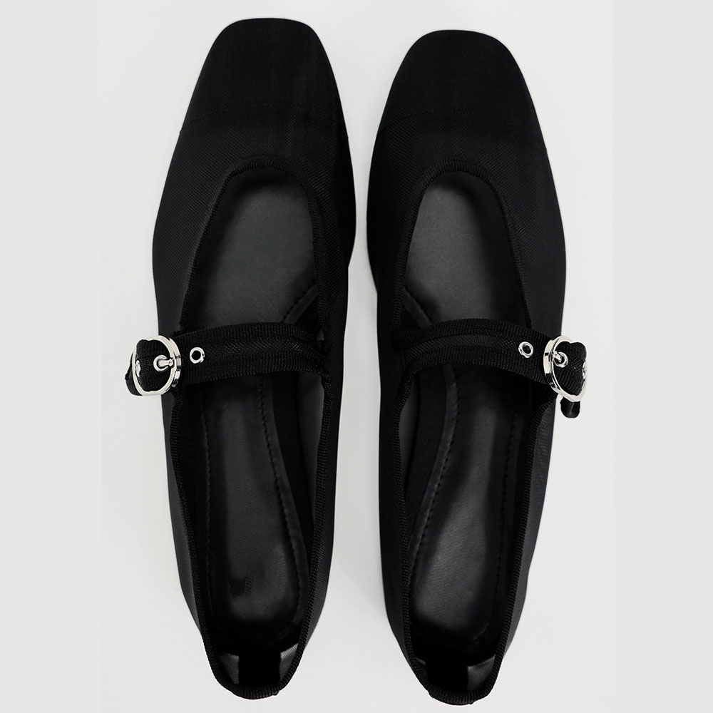 Black Mesh Square Toe Flat Buckle Fastening Mary Jane Shoes Nicepairs