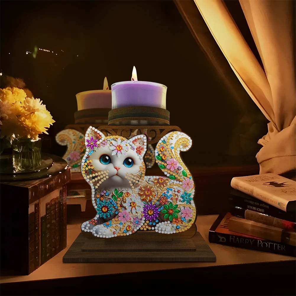 5D DIY Kitten Desktop Diamond Painting Art Candle Holder Home Decor 