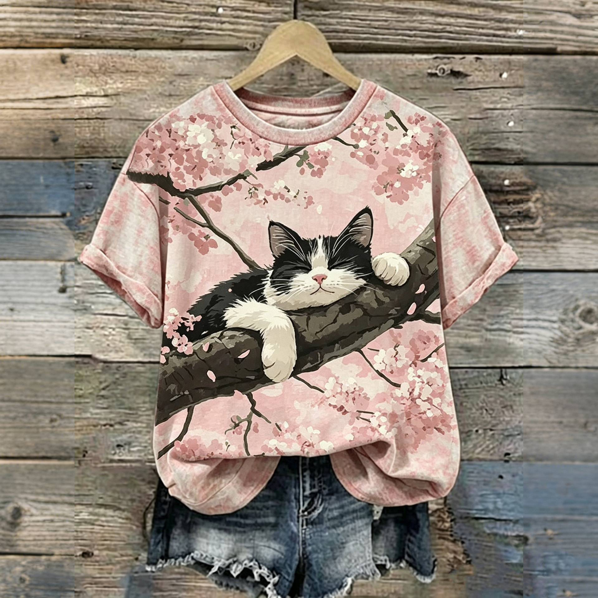 Comstylish Retro Cute Cat And Cherry Blossom Pattern Casual T-shirt
