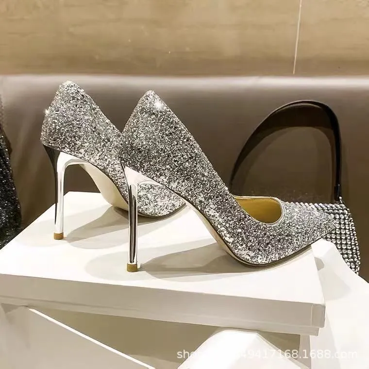 Breakj Breakj Shoes Women 2023 New Autumn Wedding Fine Heel High Heels Crystal Shoes Bridesmaids Bridal Shoes Winter Silver Glide