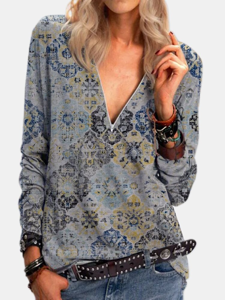 Vintage Printed Long Sleeve V neck Zip Front T shirt For Women P1770368