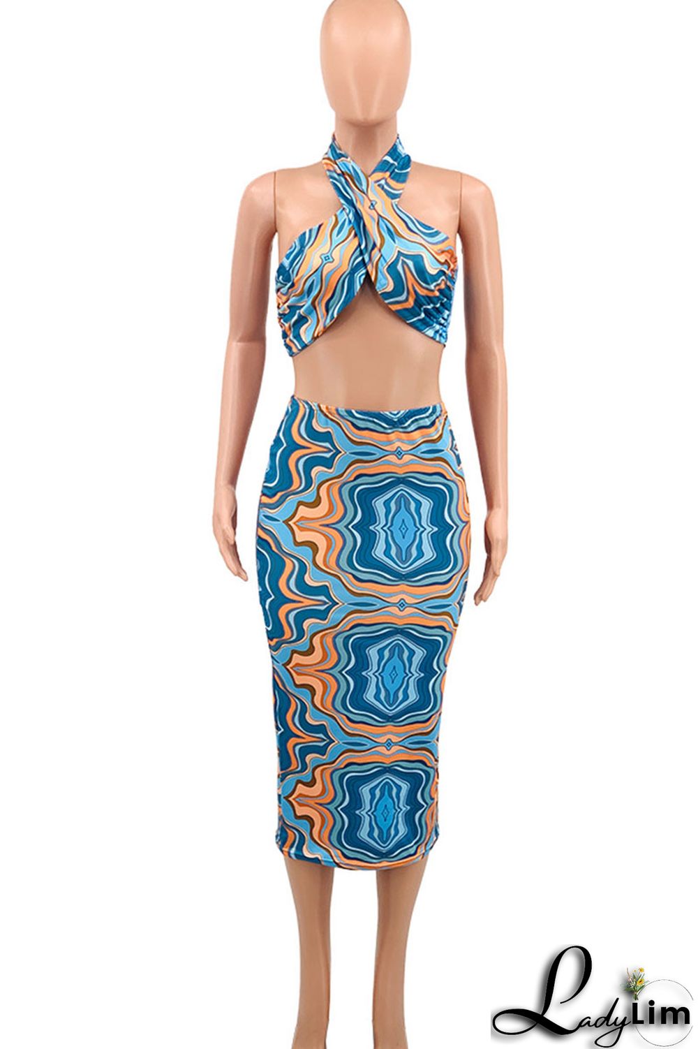 Royal Blue Sexy Print Patchwork Halter Plus Size Two Pieces
