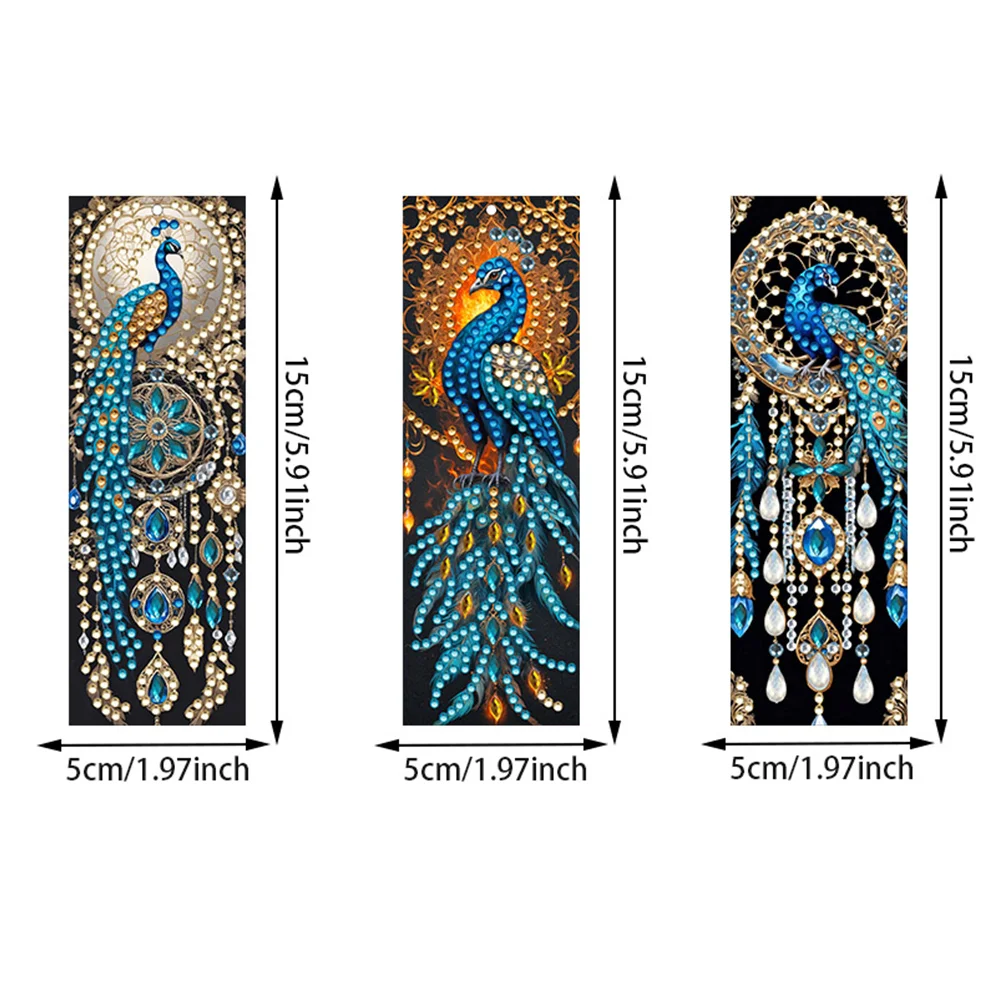 3Pcs Special Shape Peacock Diamond Painting Art Bookmark with Pendant for Books