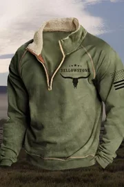 Western Stand Collar Zip Flag Print Sweatshirt