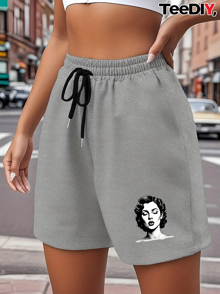Women's Vintage Halftone Face Graphic Athletic Shorts - Loose Fit Casual Sports Shorts With Mid-Century Modern Woman Portrait, Lightweight Summer Gym & Everyday Shorts Machine Washable), Workout Shorts, Elastic Waistband, Lifestyle, Retro Design